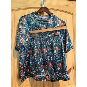 Their Nibs London Pajama Set Womens Medium Teal Owl Toadstool Satin Shirt Shorts
